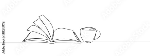 Continuous lines, an open book and a coffee cup. Line Art Vector Transparent Background Edit Stroke.