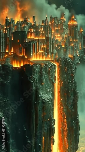 Majestic city engulfed in flames with cascading lava pouring down rocky cliffs at twilight