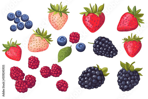 Collection of fresh berries featuring straberries isolated on transparent background