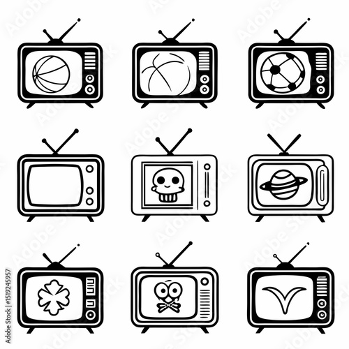 Nine retro televisions with various symbols
