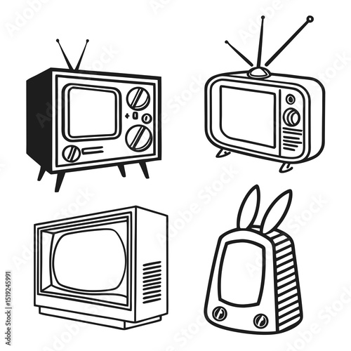 Retro television set collection line art
