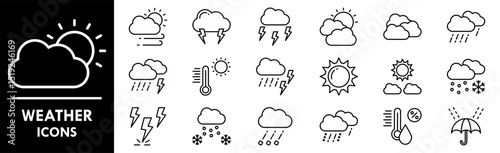 Weather icon collection set. Containing design climate, nature, sky, sunny, rain, rainy