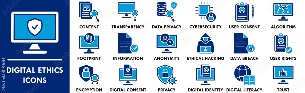 Digital Ethics icon collection set. Containing design digital, technology, ethics, legal, business Digital Ethics icon collection set. Containing design digital, technology, ethics, legal, business