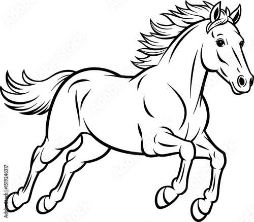 Majestic running horse black and white line art illustration