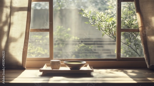 A serene Japanese teahouse interior with matcha bowl placed on a wooden tray near a window soft natural light casting shadows solid muted background peaceful 