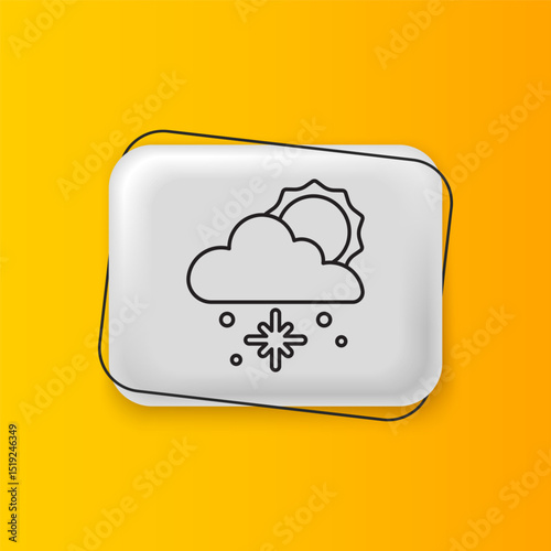 Black Cloud with snow and sun icon isolated on yellow background. Cloud with snowflakes. Single weather icon. Snowing sign. Silver rectangle button. Vector