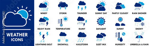 Weather icon collection set. Containing design climate, nature, sky, sunny, rain, rainy