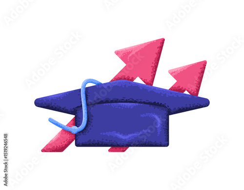 graduation and future concept. pursue education for future opportunities and improved skills. graduation cap. illustration of a toga cap with an upward arrow. flat style design with grain texture