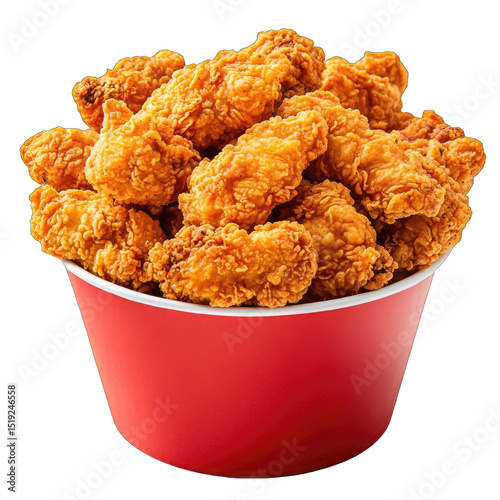 A red bucket overflows with golden-brown, crispy fried chicken tenders.  The chicken pieces are piled high, showing a multitude of textures and a glistening sheen