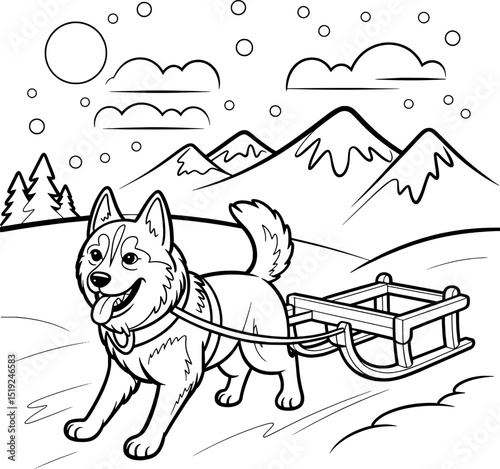 Happy husky pulling sled snowy mountain landscape coloring page