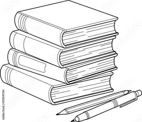 Stack of books and writing utensils education learning