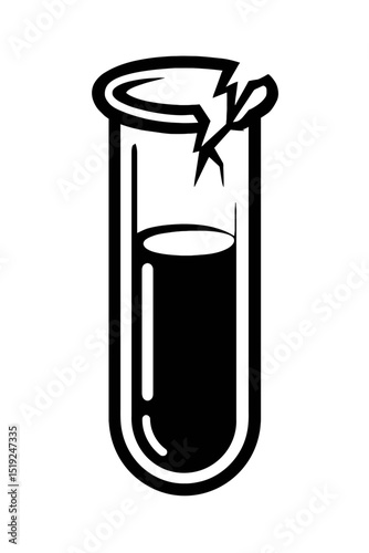 Black and white vector graphic of a broken test tube with a crack and liquid inside. Symbolizes failed experiments, damage, fragility in science, or warnings.