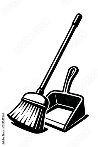 Simple black and white vector graphic of a broom and dustpan, symbolizing cleaning, tidiness, and household chores. Ideal for domestic, maintenance, or hygiene themes.