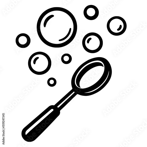 Playful black and white vector graphic of a bubble wand creating multiple floating bubbles. Perfect for themes of joy, childhood, lightness, and simple outdoor fun.