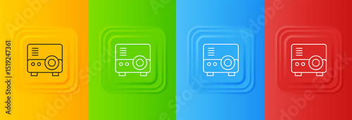 White Presentation, movie, film, media projector icon isolated on colorful background. Set icons in square buttons. Vector