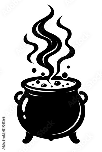 Mysterious black and white vector graphic of a bubbling cauldron emitting swirling steam. Ideal for themes of magic, Halloween, potions, alchemy, or mysterious brews.
