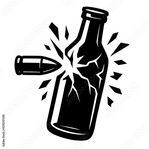 Dynamic Black and White Bullet Striking and Shattering Bottle Vector Icon - Ideal for Impact, Danger, and Destruction Designs