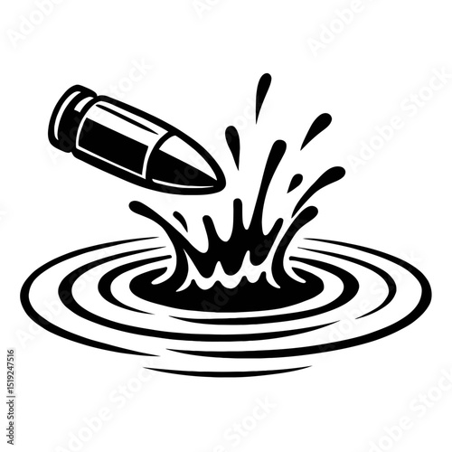 Dynamic Black and White Bullet Striking Water with Splash and Ripples Vector Icon - Ideal for Impact, Danger, and Force Designs