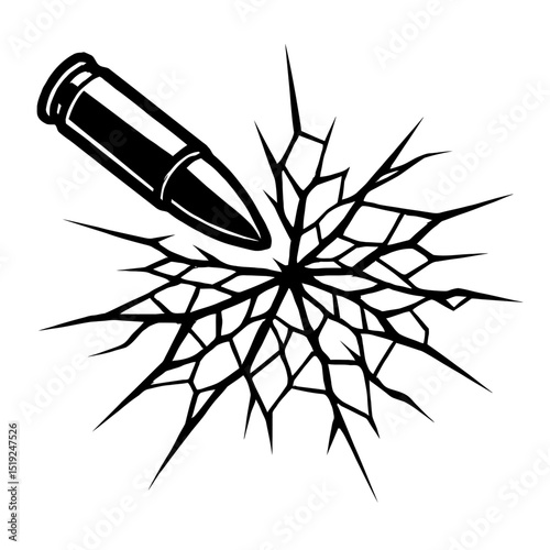 Dramatic Black and White Shot Bullet with Cracked Glass Effect Vector Icon - Ideal for Impact, Danger, and Shattered Designs