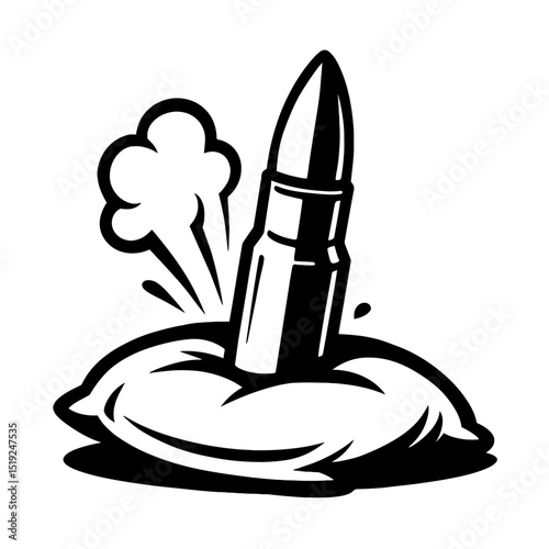 Black and White Bullet Struck in Sandbag Vector Icon - Symbolizing Protection, Impact, and Defense