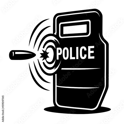 Dynamic Black and White Police Riot Shield with Bullet Impact Vector Icon - Symbolizing Protection, Law Enforcement, and Resistance
