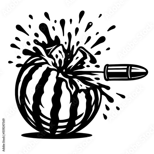 Dynamic Black and White Bullet Striking Watermelon Vector Icon - Representing Impact, Force, and Destruction