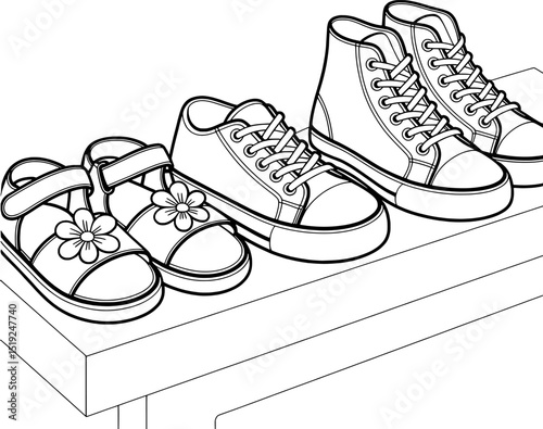 Three pairs of shoes on a bench childrens footwear