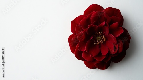 A single red rose in full bloom isolated against a pure white background soft natural shadows delicate petals with velvet texture elegant  