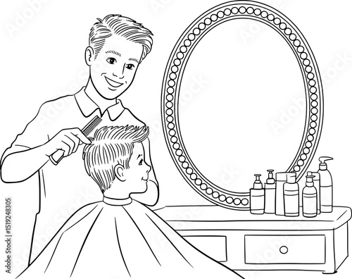 Young boy getting haircut at barbershop coloring page