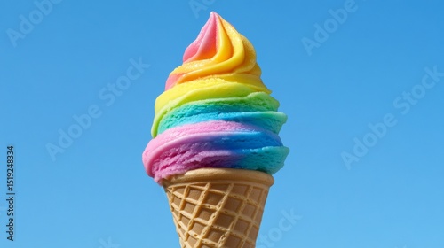 A single scoop of rainbow sherbet ice cream in a waffle cone isolated on a solid sky blue 