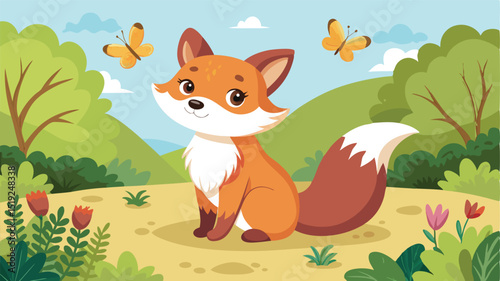 Cute Cartoon Fox Sitting in a Forest with Butterflies Flying Around