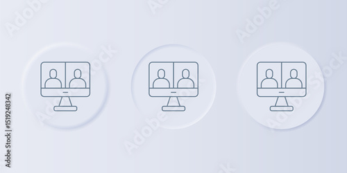 Grey Video chat conference icon isolated on grey background. Computer with video chat interface active session on screen. Set icons in square buttons. Vector