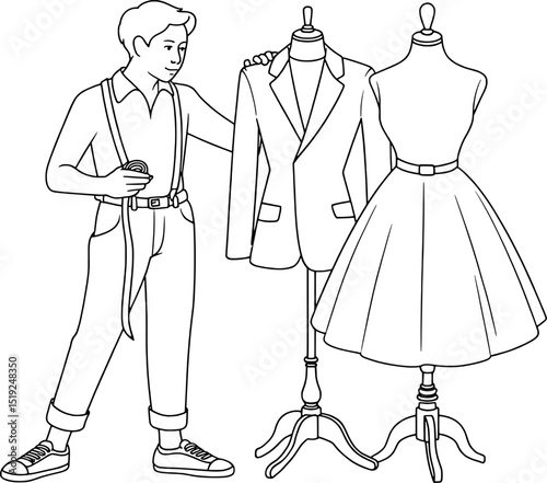 Young tailor adjusting mens suit and dress on mannequins