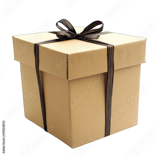 A large, square, light-brown gift box, adorned with a dark-brown ribbon and bow, sits against a black background