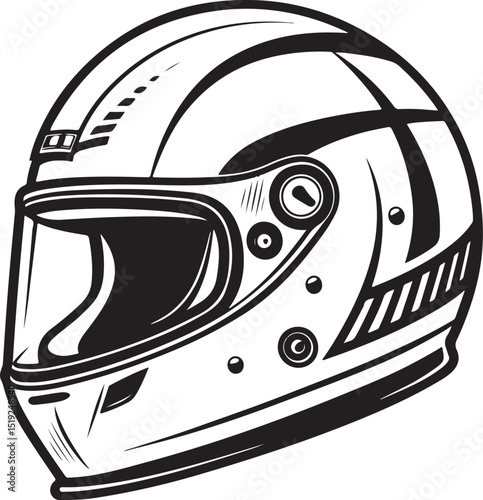 racing helmet Vector Illustration, Sketch Drawing Line Linear Symbol Icon Engraving Coloring Book, Hand-drawn Black and White Isolated