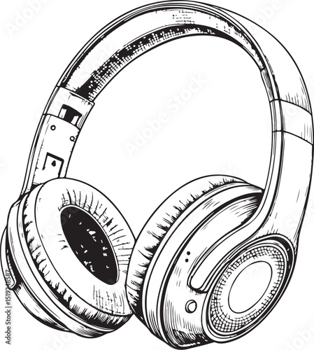 Headphones Earphones Vector Illustration, Sketch Drawing Line Linear Symbol Icon Engraving Coloring Book, Hand-drawn Black and White Isolated
