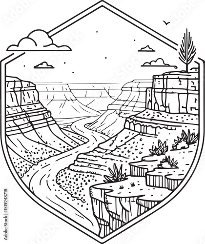 Grand Canyon Landscape Vector Illustration, Sketch Drawing Line Linear Symbol Icon Engraving Coloring Book, Hand-drawn Black and White Isolated