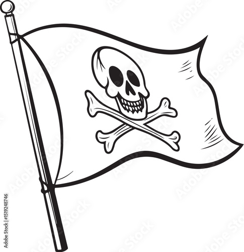 Pirate Flag Vector Illustration, Sketch Drawing Line Linear Symbol Icon Engraving Coloring Book, Hand-drawn Black and White Isolated