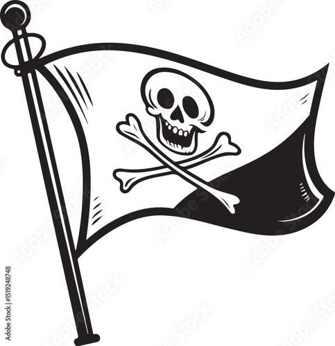 Pirate Flag Vector Illustration, Sketch Drawing Line Linear Symbol Icon Engraving Coloring Book, Hand-drawn Black and White Isolated