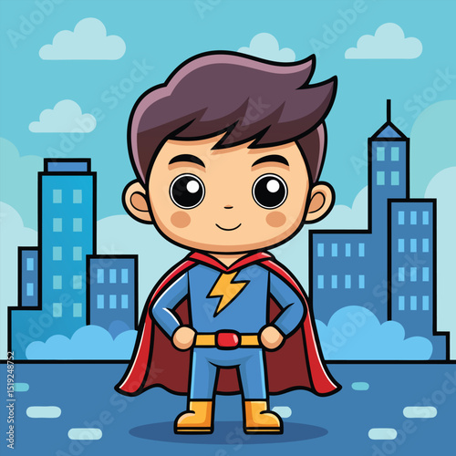 Cartoon Superhero Boy Standing in Front of a City Skyline Illustration