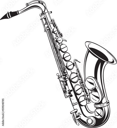 Saxophone musical instrument Vector Illustration, Sketch Drawing Line Linear Symbol Icon Engraving Coloring Book, Hand-drawn Black and White Isolated