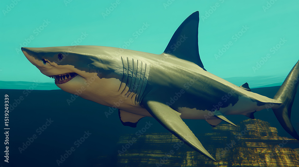 Fototapeta premium Stunning underwater shot of a great white shark gracefully swimming near a rocky seabed.