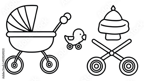 Baby Items Outline Stroller Duck Toy Baby Hat and Scissors