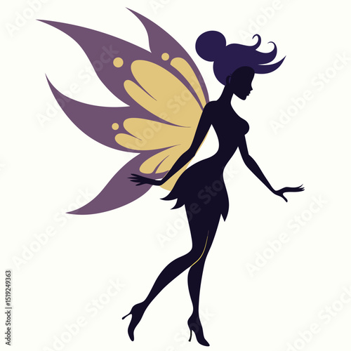 Elegant Fairy Silhouette with Decorative Wings in Flight on a White Background
