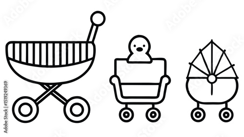 Three black and white line drawings of baby carriages and a baby walker
