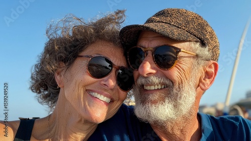 Aging couple posing for a selfie at an outdoor event, both wearing sunglasses and attire appropriate for casual daytime wear.