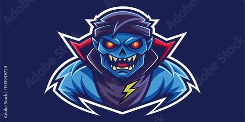 Stylized Blue Zombie Mascot with Red Eyes and Lightning Bolt Emblem