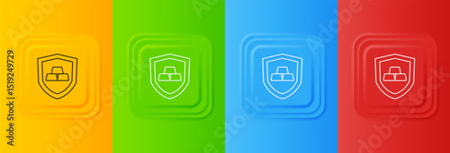 White Gold bars with shield icon isolated on colorful background. Banking business concept. Set icons in square buttons. Vector