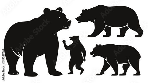 Black Silhouette of Four Bears in Various Poses on White Background