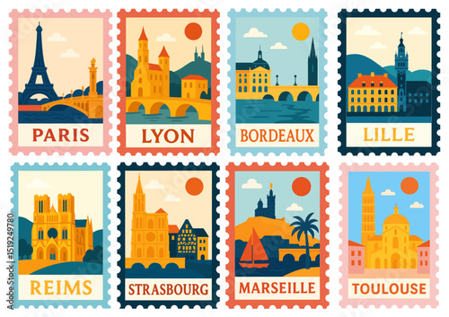 SET OF FRENCH CITY AND LANDSCAPE STAMPS (PARIS, MARSEILLE, LYON, TOULOUSE, BORDEAUX, LILLE, REIMS, STRASBOURG)